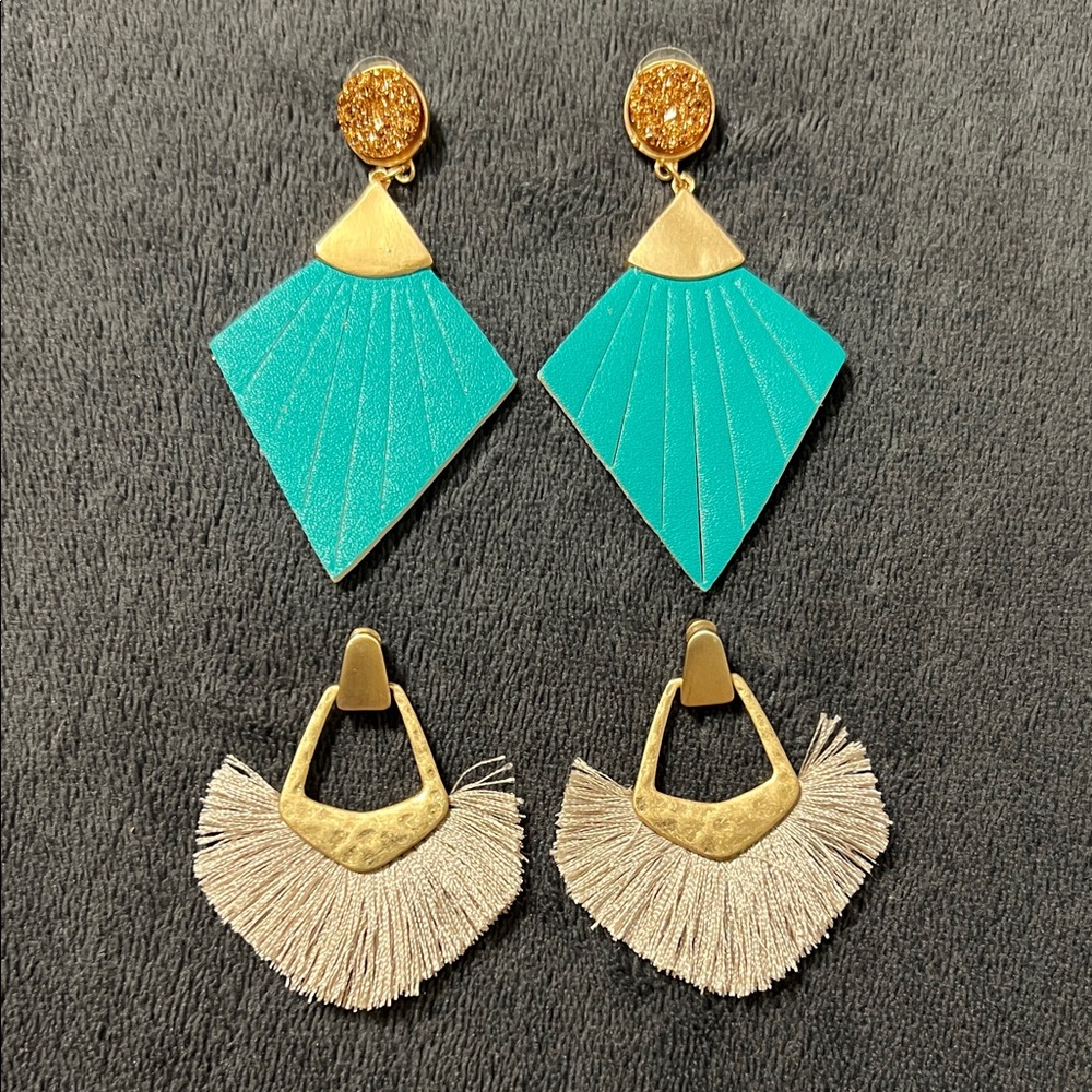 2 sets gold toned earrings dangle shiny teal eye catching unique style geometric